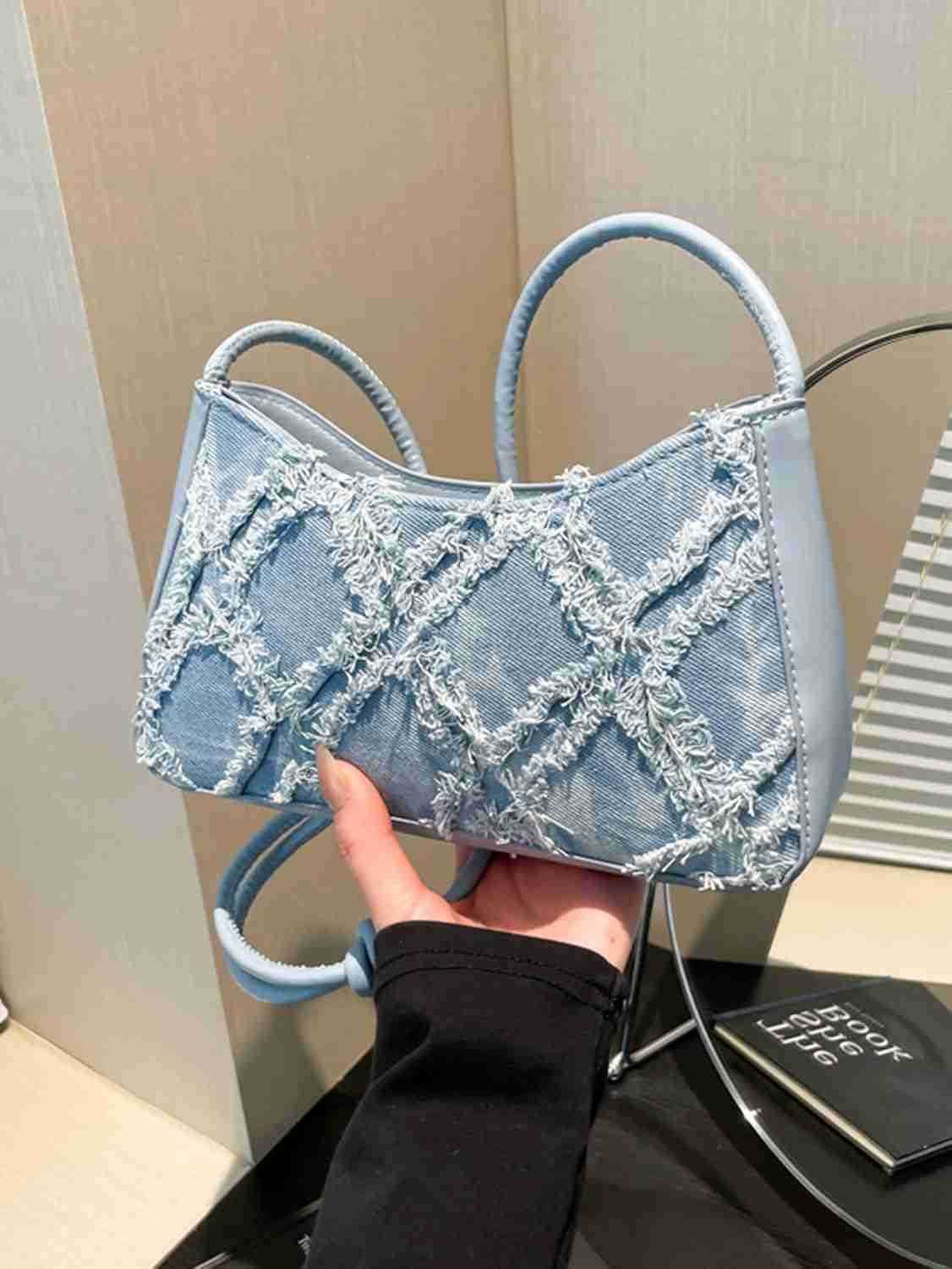 Womens Denim Shoulder Bags Top Handle Handbags Distressed Quilted Jean PursesW250913