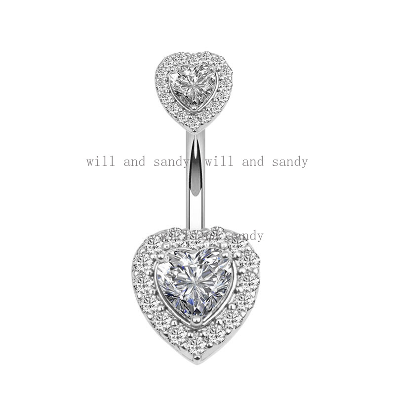Cubic Zirconia Diamond Double Heart Navel Belly Ring Love Heart Gold Anti Allergy Stainless Steel Belly Button Ring Piercing Body Jewelry for Woman Cr