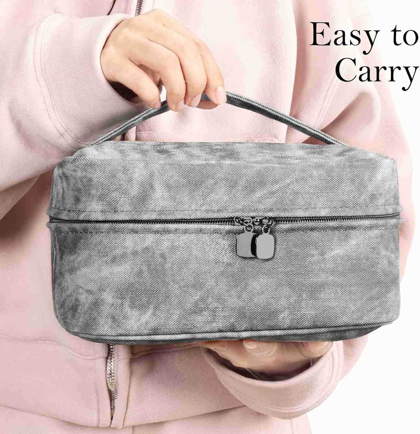 Bag Portable Cosmetic Bag Large Capacity Travel Makeup Case OrganizerStylish DenimLook Toiletry Bag for Women Girls With Handle and Removable PouchW25