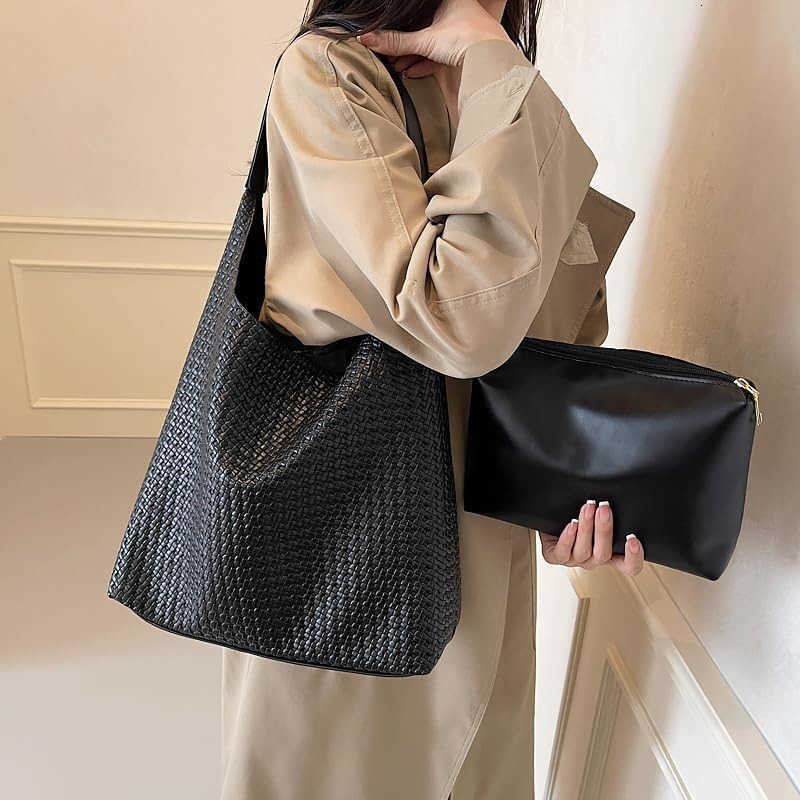 Tote Bag for Women Tophandle Shoulder Bag Leather Woven Beach Bag Soft Vegan Handbag Underarm BlackW250913