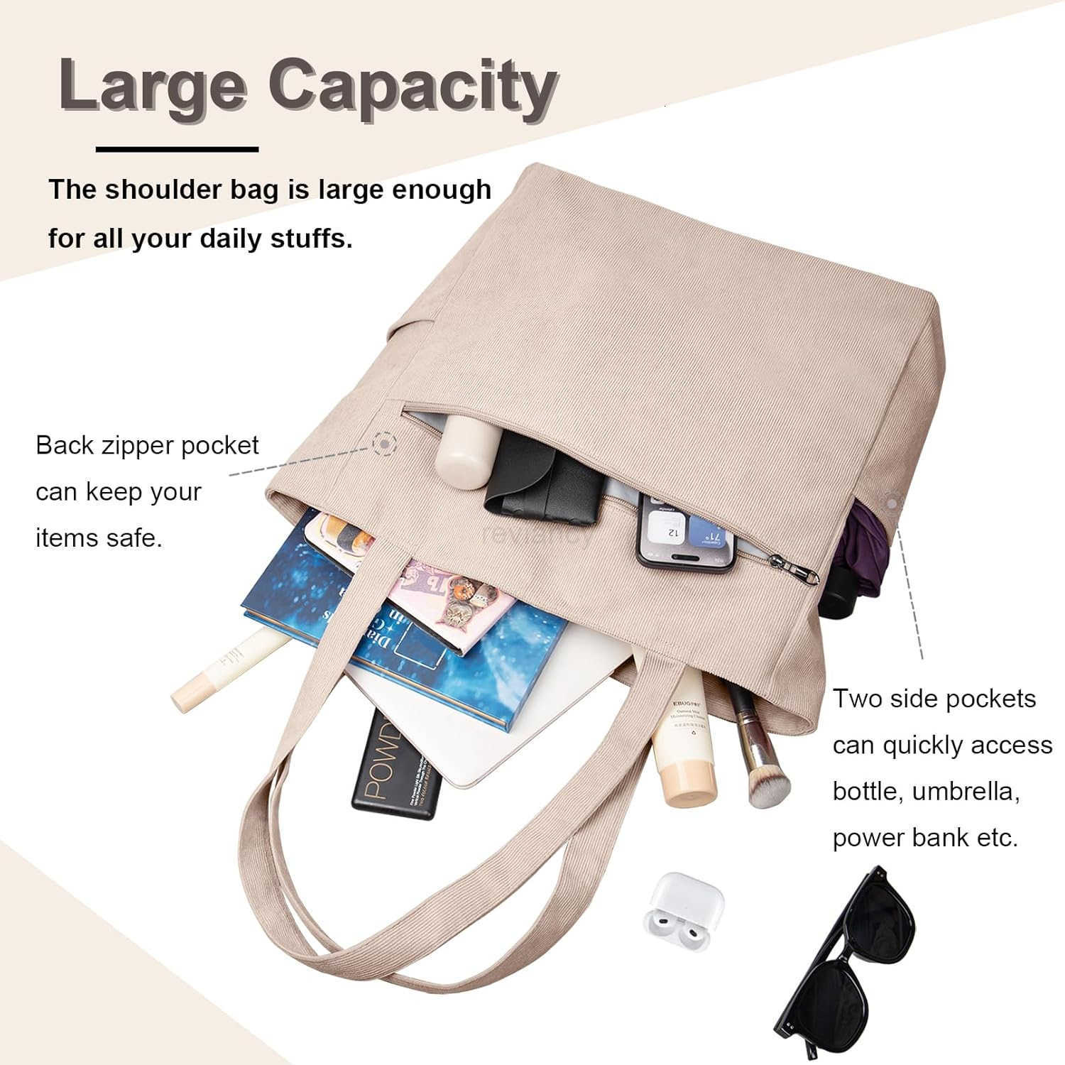 Corduroy Tote Bag for Women with Zipper Large Shoulder Bag Handbag for Work School Shopping Travel Gym VacationW250913