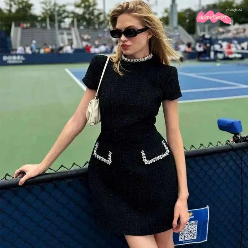 Two Piece Dress Talenza Women's Elegant Tweed A-Line Solid Slim Fit Short Sleeve Retro O-Neck Patchwork Evening ddmythur