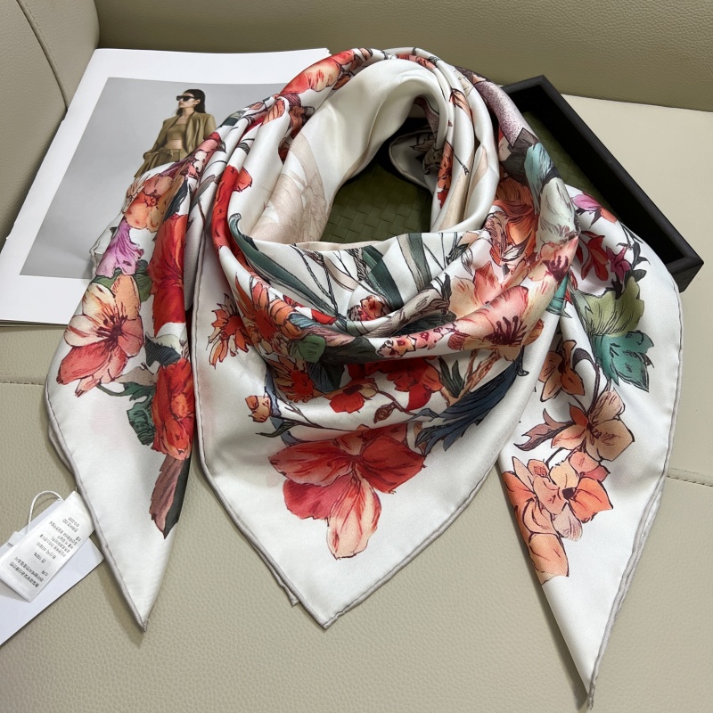 Women's square scarf scarves 100% twill silk material white pint letters flowers pattern size 110cm- 110cm