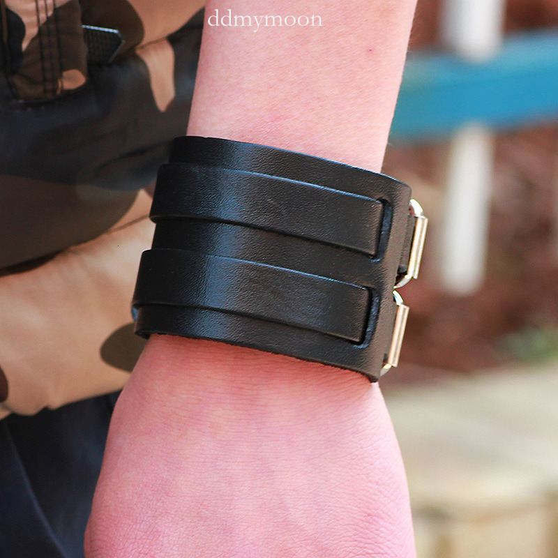 Temu Genuine Wide Leather Double Buckle Bracelet Men's High-end Punk Style Wristband ddmymoon