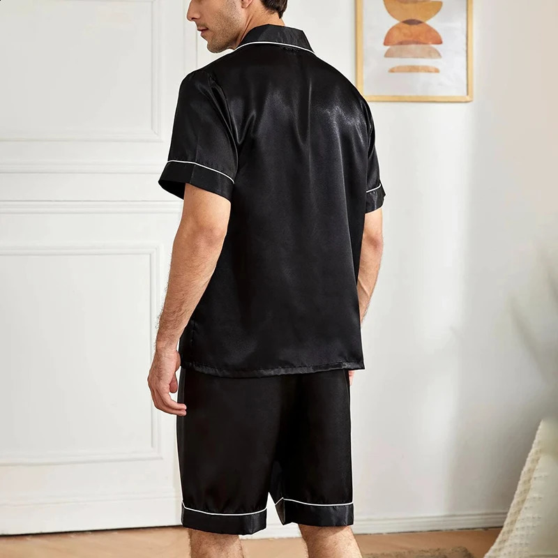 Men Satin Pajama Set Sleepwear for Man Summer Short Sleeve ButtonDown Shirt Shorts Pajamas 2 Piece Home Clothes Short Suit 250912