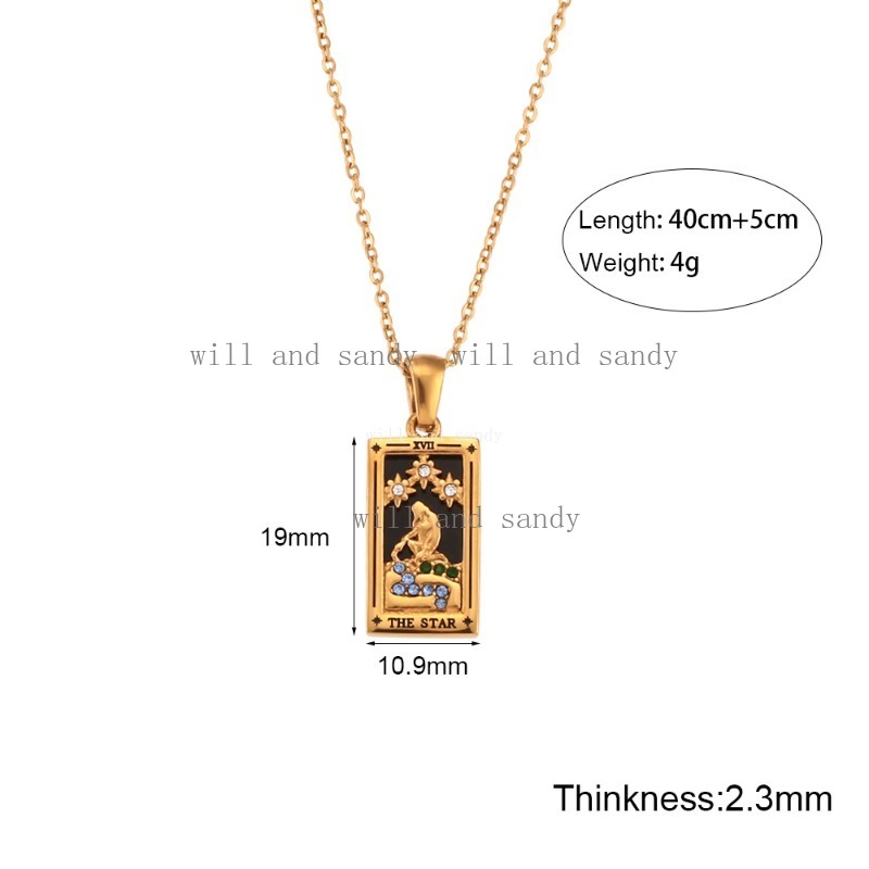 Non Tarnish Stainless Steel Square Tarot Card Pendant Necklace 18k Gold Chain Charm Cubic Zirconia Sun Moon Crown Necklaces for Women Girls Gift Fine 