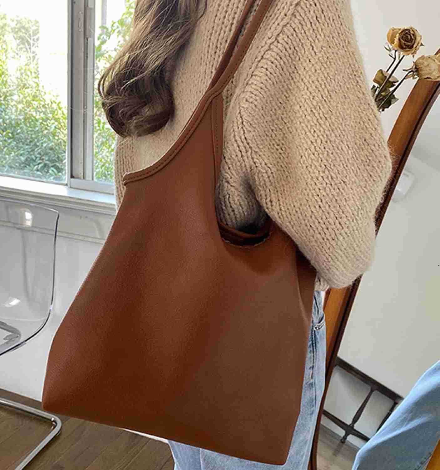 Womens Brown Large Hobo Tote Bag Soft Vegan Crossbody Handbag with Top Handles and Shoulder StrapW250913