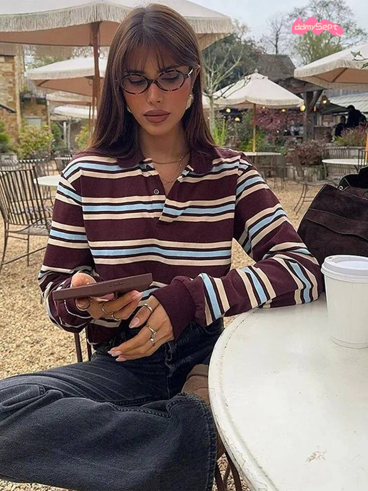 Women's T Shirts Fashion Stripe T-shirt Casual Long Sleeve Female All Match Polo Shirt 2025 Spring Ladies Loose Tops High Street