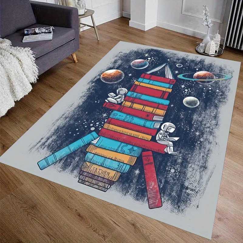 Space Bookshelf Rug for Modern Home Decor Astronaut and Planets Design Unique Living Room Carpets C250913