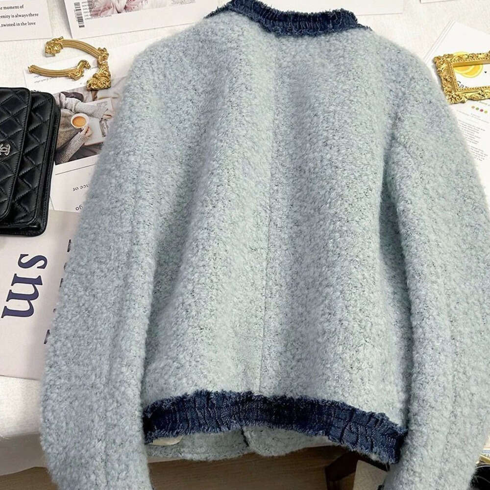 DHEssentials Lined with Fleece, Thickened, Patchwork Blue Style French Short Coat, New Autumn Winter Elegant High-end Top