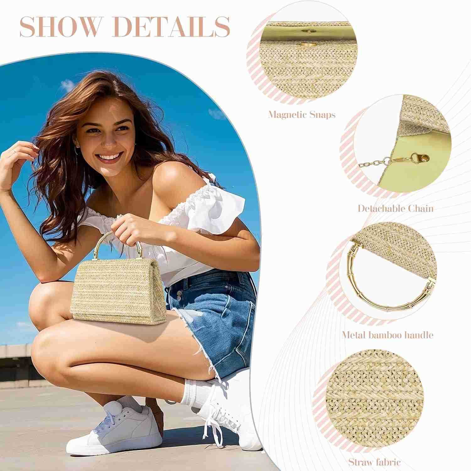 Straw Purses for Women Summer Woven TopHandle Evening Handbags wBamboo Handle Chain Strap Small Boho Beach Clutch Crossbody Party Bags for Wedding Coc