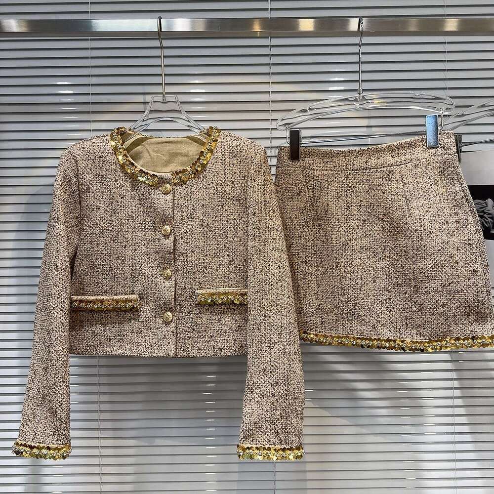 DHEssentials Sequin Street Style Tweed Chanel Outerwear Set for Women 2025 Autumn New High Waist Half Short Skirt
