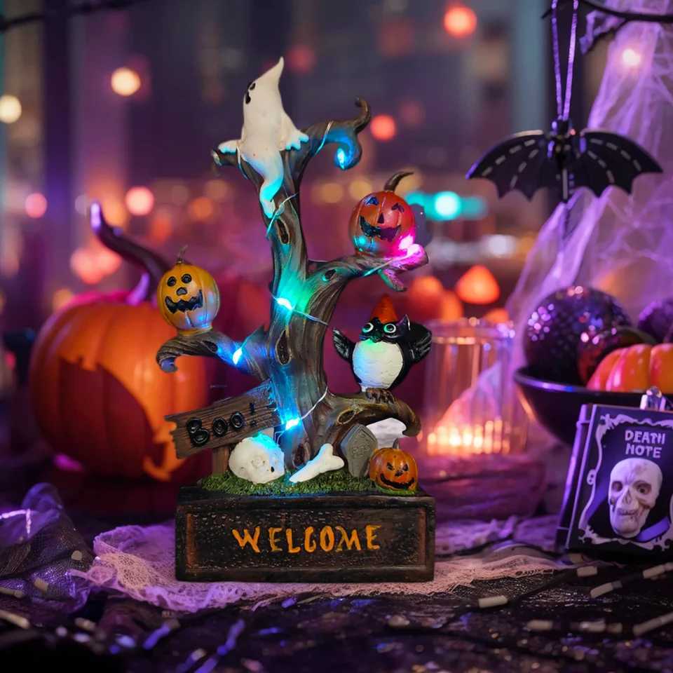 Halloween Tabletop Decoration Pumpkin Tree Light LED Glowing Scary Atmosphere Decoration Light Resin Pumpkin Crafts C250913