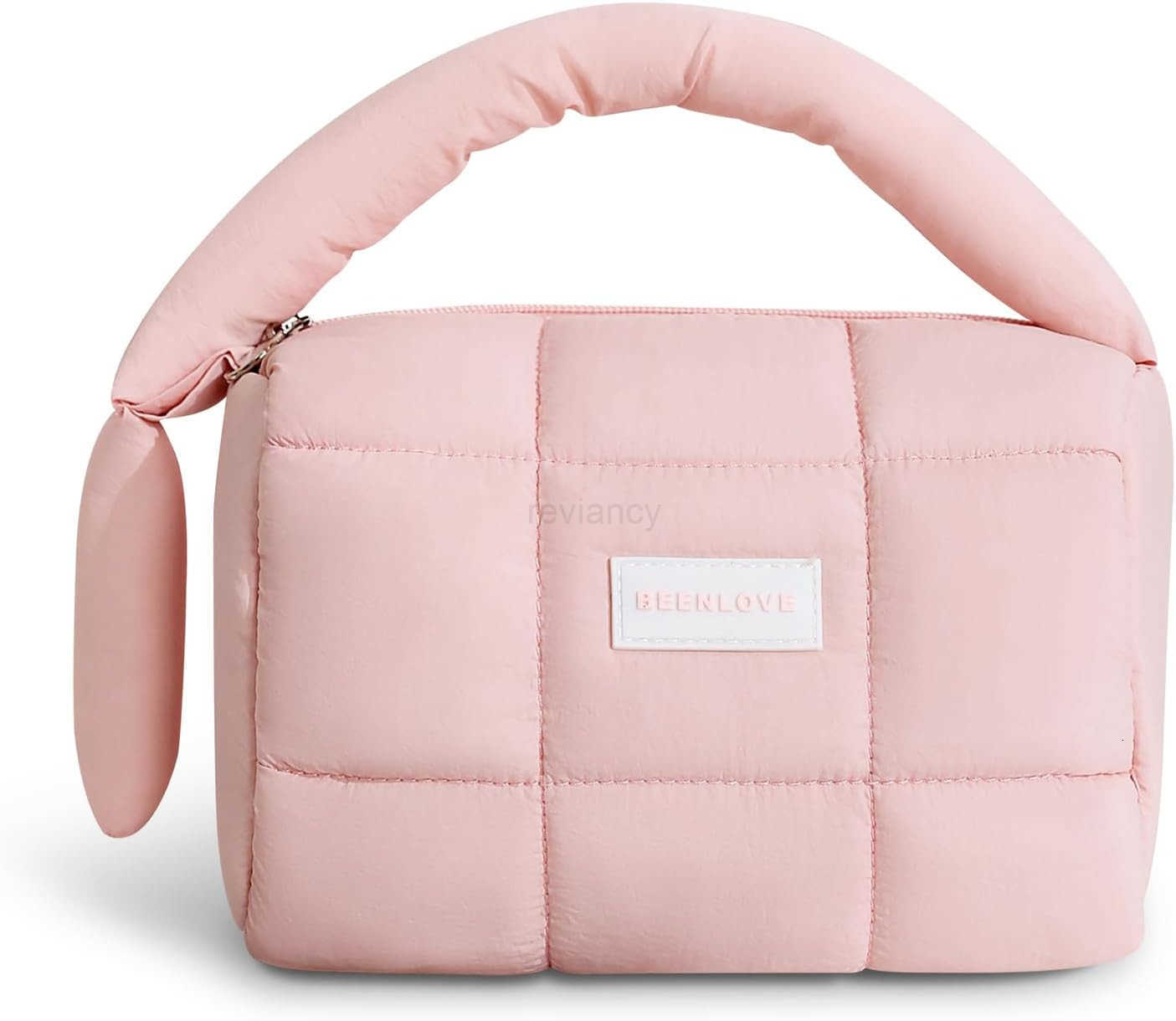Cute Puffy Makeup Bag with Handle Quilted Cosmetic Organizer Bag Waterproof Travel Toiletry Pouch Portable Handbag with Zipper for Women and Girls Ros