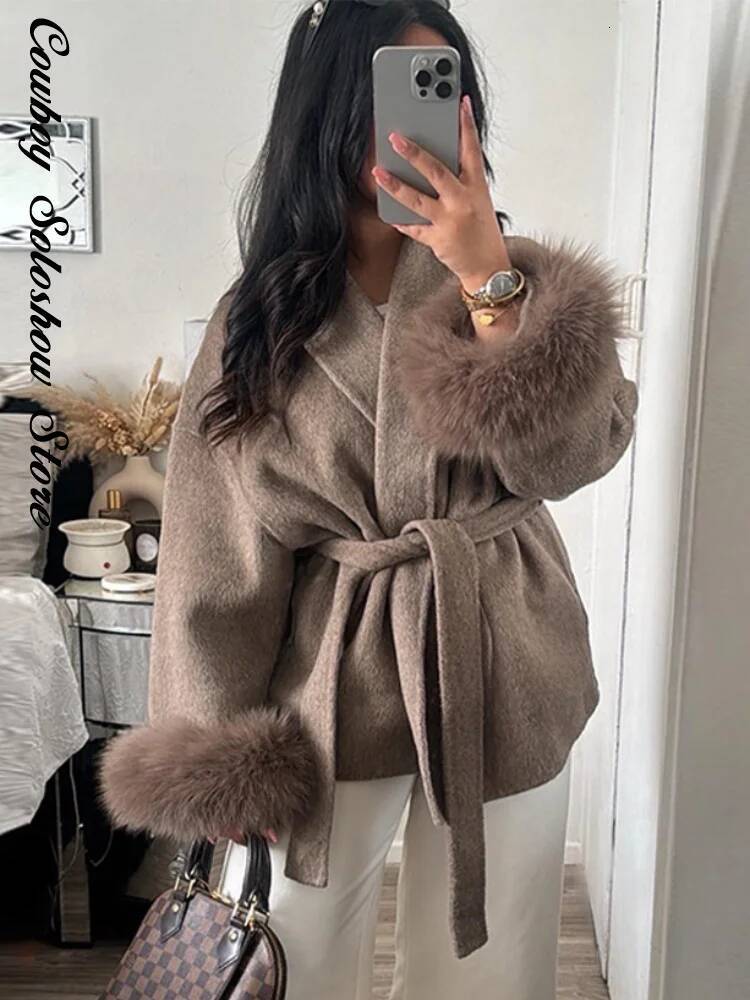 Elegant Lace Up Woolen Short Coat Solid Loose Lapel Furry Belt Long Sleeve Female Jacket 2025 Autumn Winter Lady Chic Cardigan dongdumaoyi