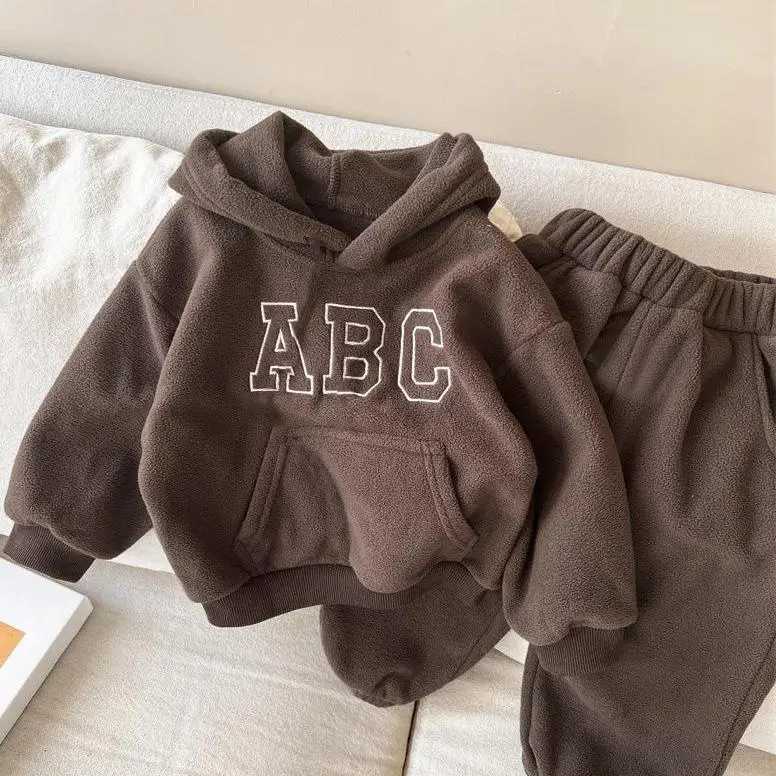 Children Autumn Winter Letter Plus Velvet Warm Hoodies Set Boy Girl Baby Fleece Thick TopsPants 2pcs Kid Cotton Sweatshirt Suit C250913