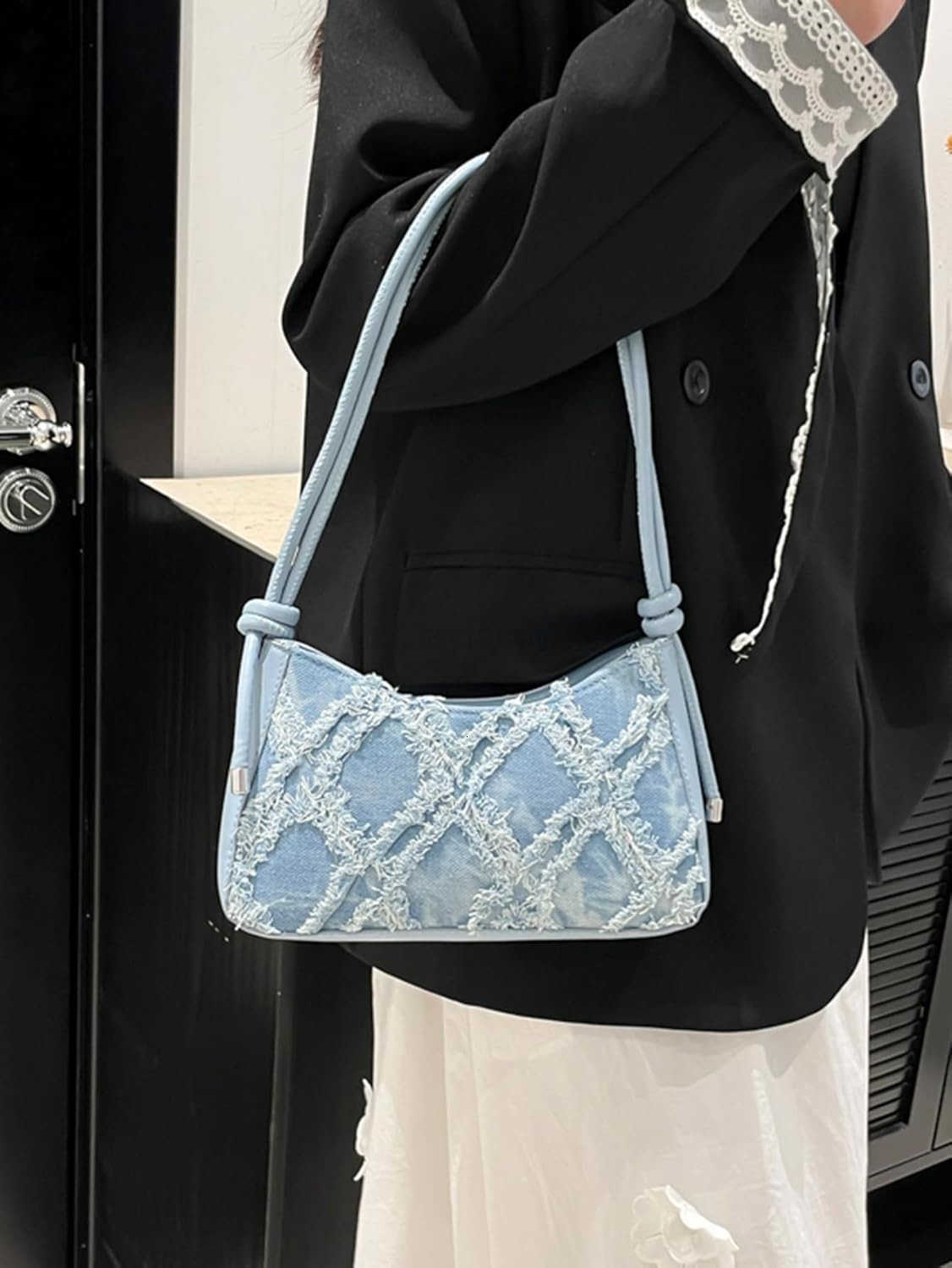 Womens Denim Shoulder Bags Top Handle Handbags Distressed Quilted Jean PursesW250913