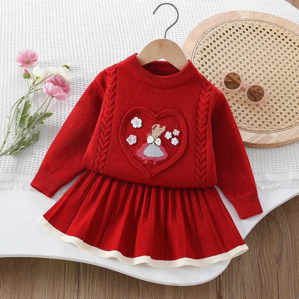 Kids Girls Knitted Sweaters Suit 2025 Autumn Winter New Flowers Children Girls Fashionable Twopiece Skirt Suit C250913