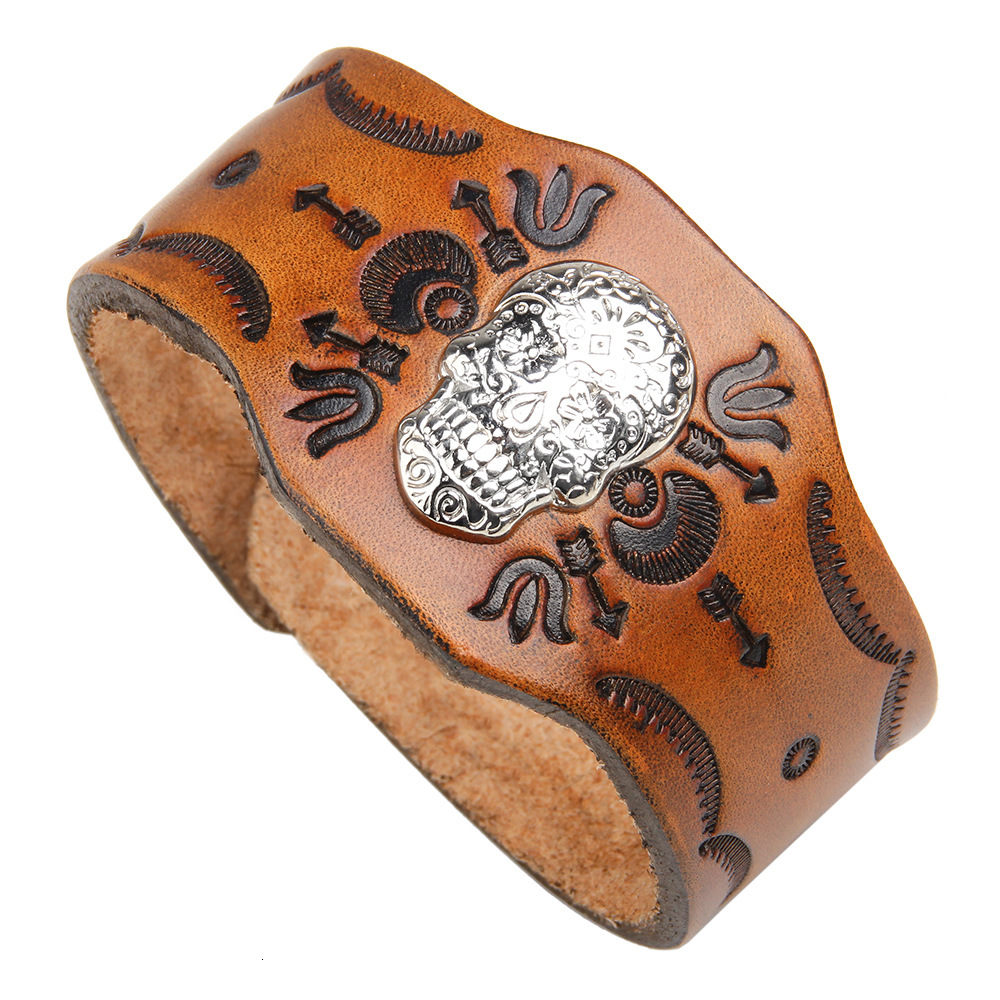 Temu Hot Selling Punk Rock Style Men Skull Genuine Korean and Japanese Wide Leather Bracelet ddmymoon