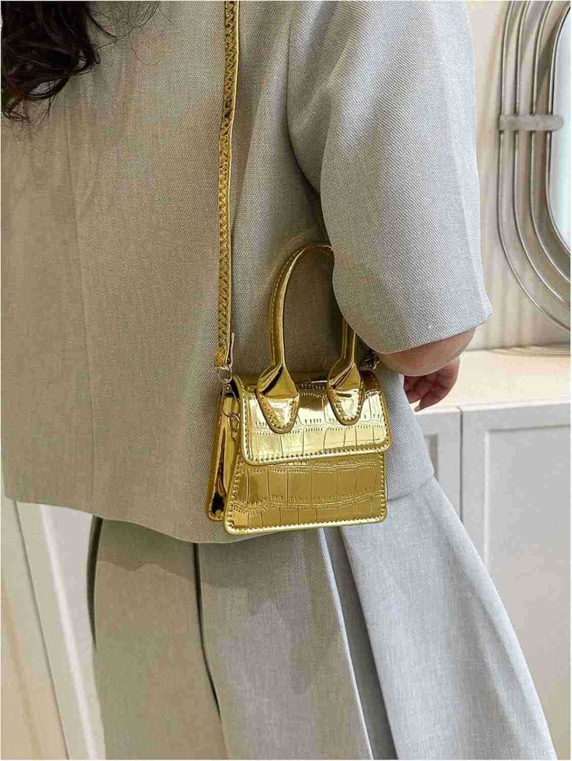 Womens Crocodile Embossed Mini Square Bag Metallic Top Handle Crossbody Handbag Flap Clutch BagsW250913