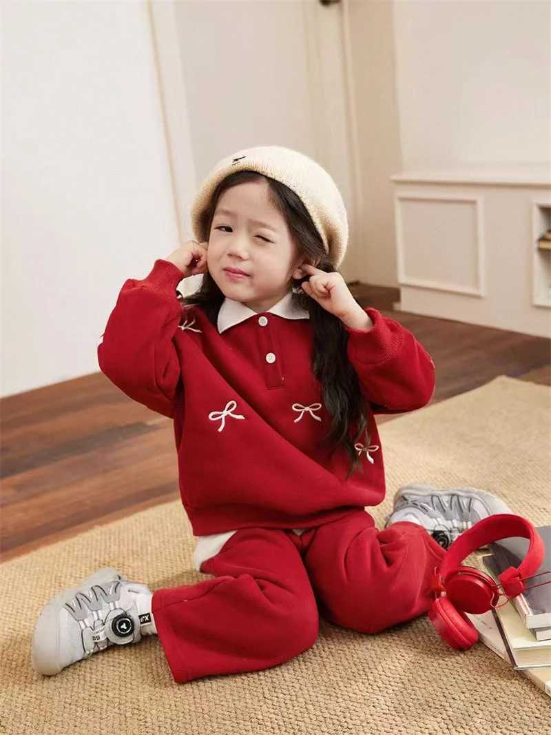 Girls Autumn Sets Childrens Fleece Sweatshirt Suits Kids Winter Bow PulloverPants 2Pcs Outfits Baby Teenager Fashion Clothing C250913