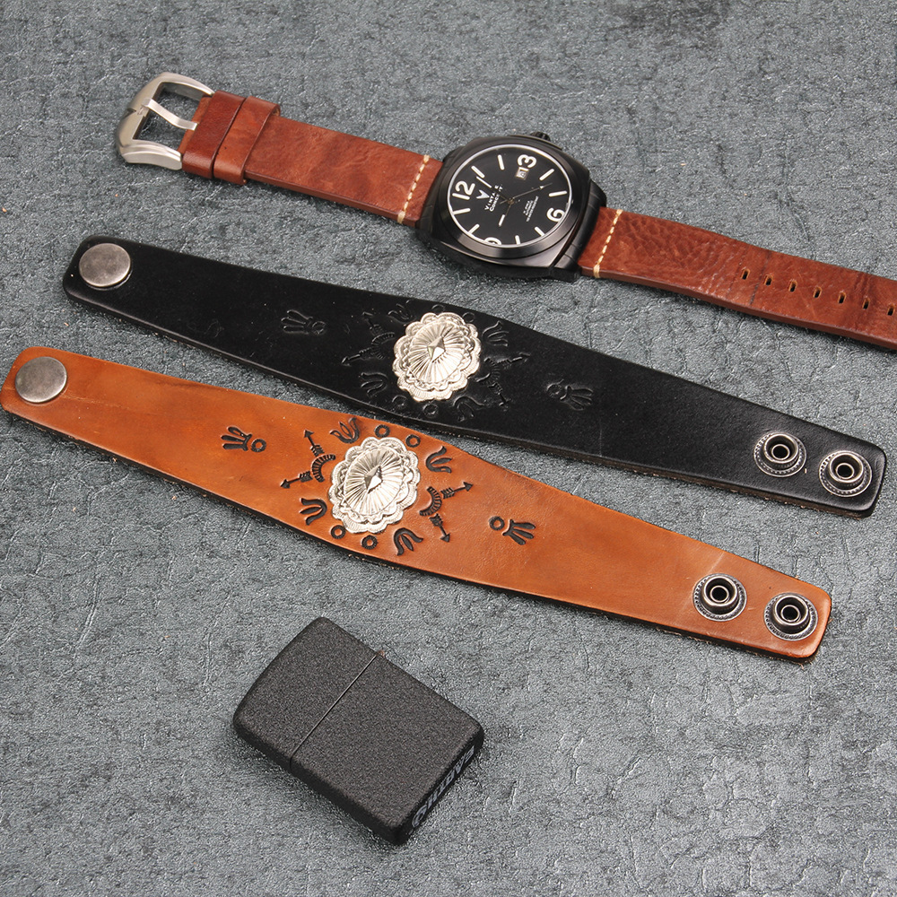 Temu Cowhide Punk Style Genuine Leather Exaggerated Emed Totem Bracelet Trendy Men's Essential ddmymoon