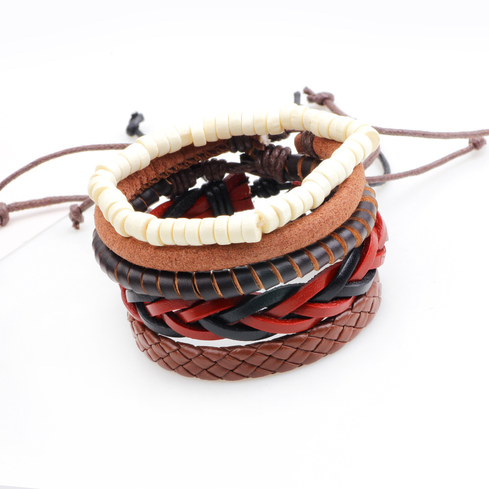 Set of Wooden Bead Bracelets Simple Personality Beaded Genuine Leather Bracelet PU Braided Rope Adjustable Jewelry for Men ddmymoon
