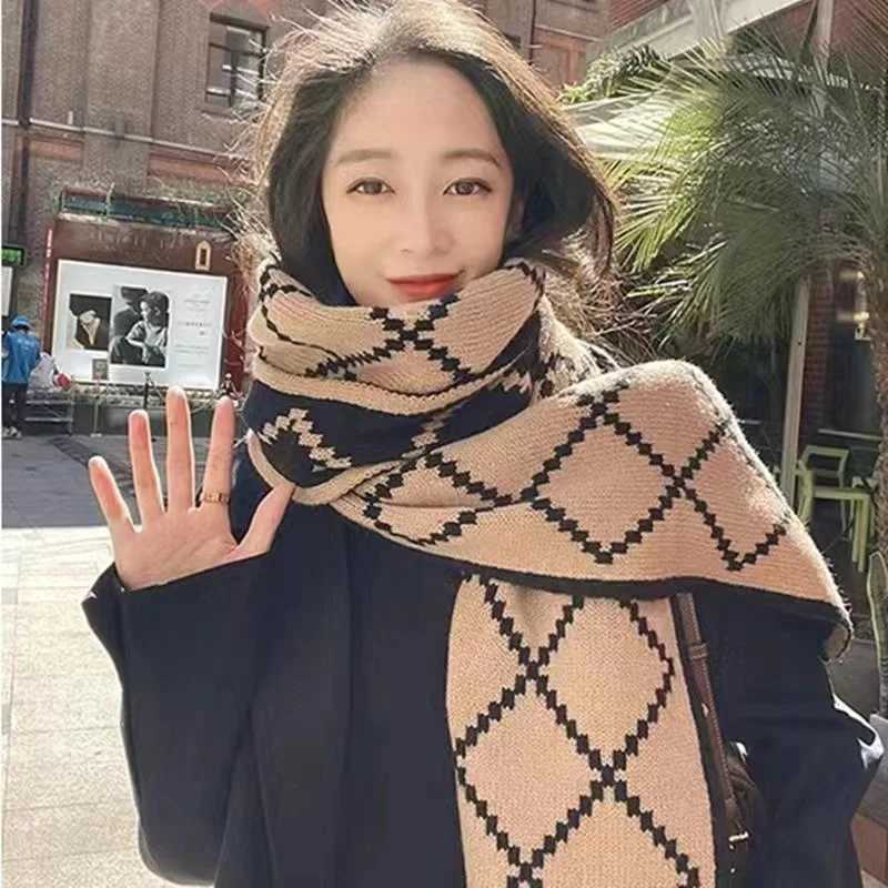 Wens Red Winter Scarf Korean Sty Plaid Knit Wool Neck Warmer Fashion Student Casual Warm Soft Wrap for Cold Weather G250912