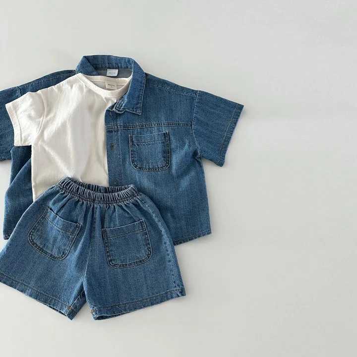 Summer childrens set solid color denim boy short sleeved top and shorts set fashionable girl baby cardigan denim jacket set C250913