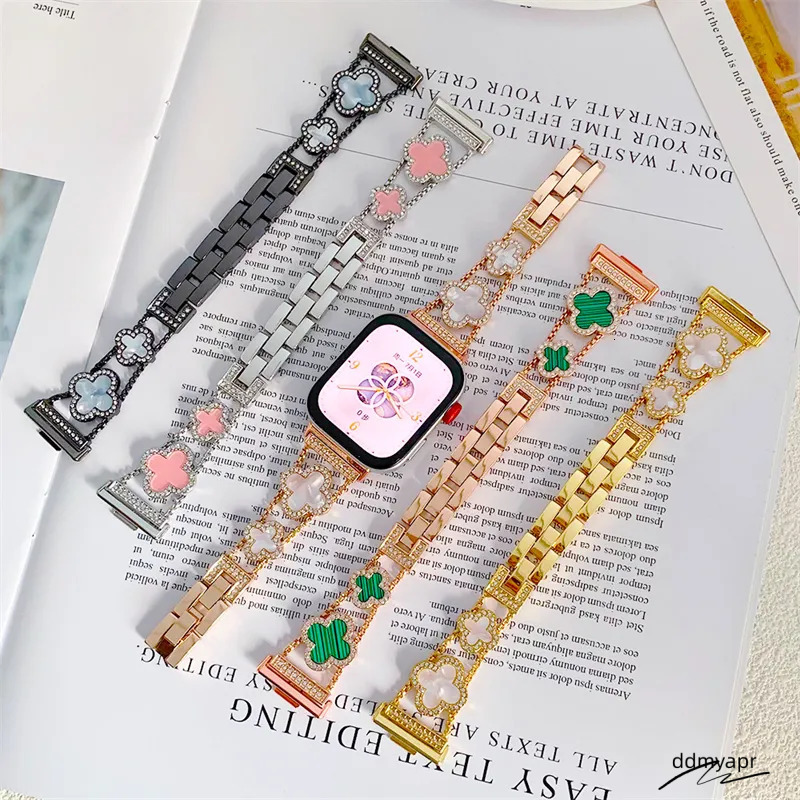 Four Leaf Clover Apple Watch 40Mm 44Mm 42Mm 45Mm 49Mm 46Mm Women Flowers Metal Bracelet For Iwatch Series 10 9 8 7 6 5 4 3 SE Ultra 2 Dia Smart Straps
