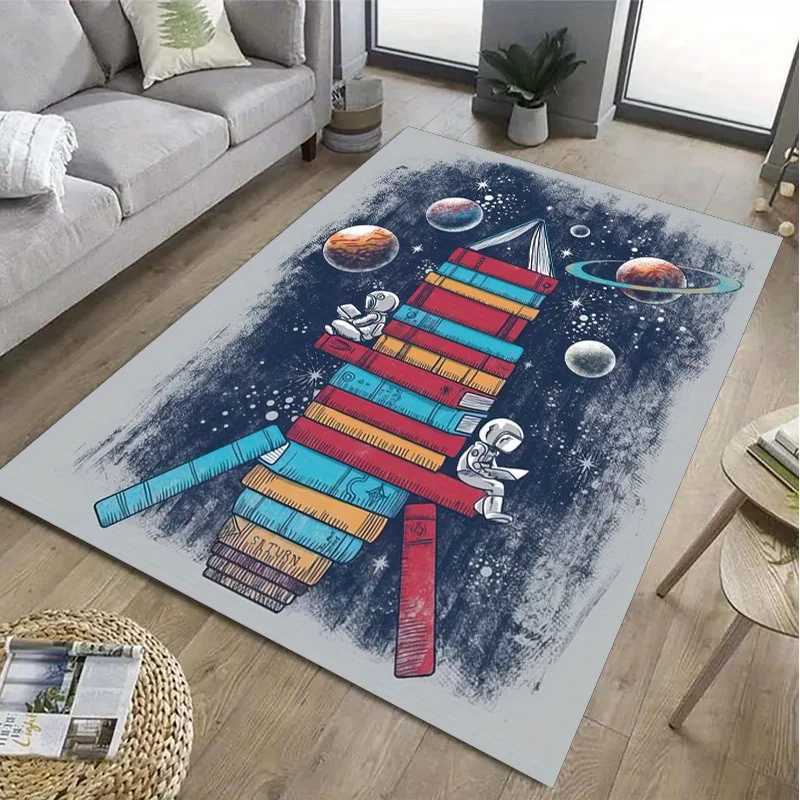 Space Bookshelf Rug for Modern Home Decor Astronaut and Planets Design Unique Living Room Carpets C250913