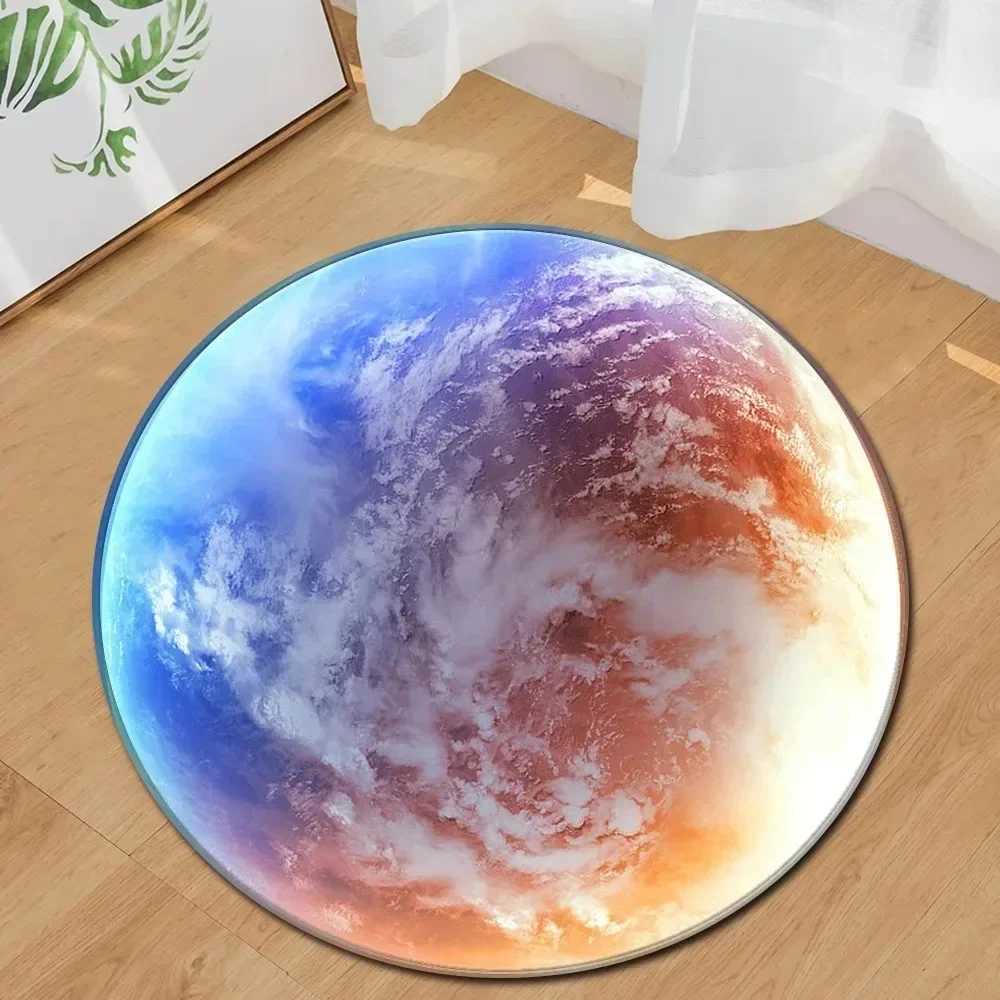 Earth Moon Ocean Print Round Rug Soft Chenille NonSlip Play Mat for Kids Room Living Room Bedroom Large Floor Carpet Decor C250913