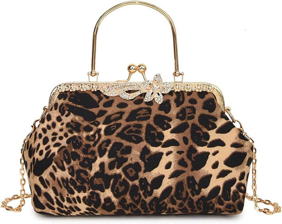 Evening Clutch Purse with Chain Cheetah Print Kiss Lock Evening Handbag and Purse Party Prom Evening Tote BagsW250913