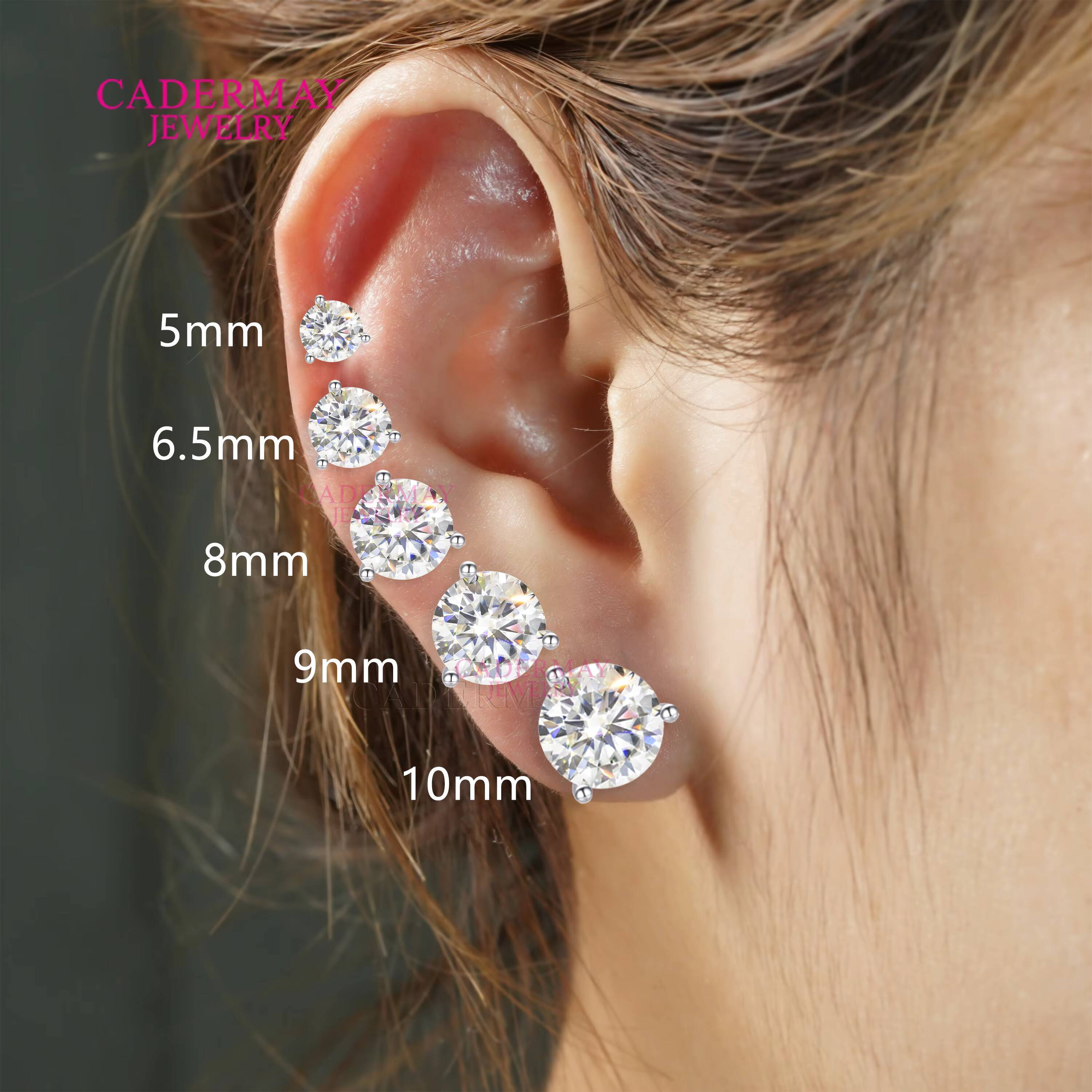 Cadermay Moissanite Solitaire Earrings 5mm 65mm 8mm 9mm VVS Moissanite Diamond 3 Prongs Martin Stud Earrings for Women Men Gift