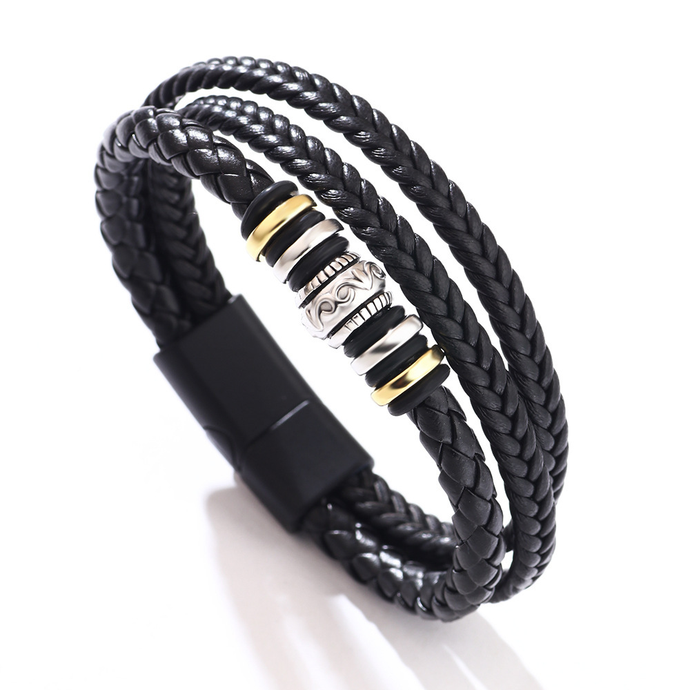 Temu Laser Magnetic Clasp Multi-layer Woven PU Leather Bracelet for Men Versatile High-end Feel ddmymoon