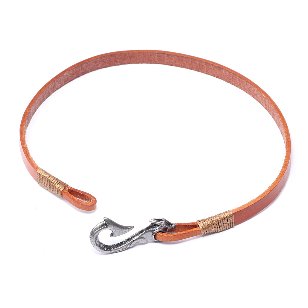 Cowhide Hand-Cut Woven Cord Metal Fish Hook Alloy Electroplated Antique Sier Leather Bracelet ddmymoon