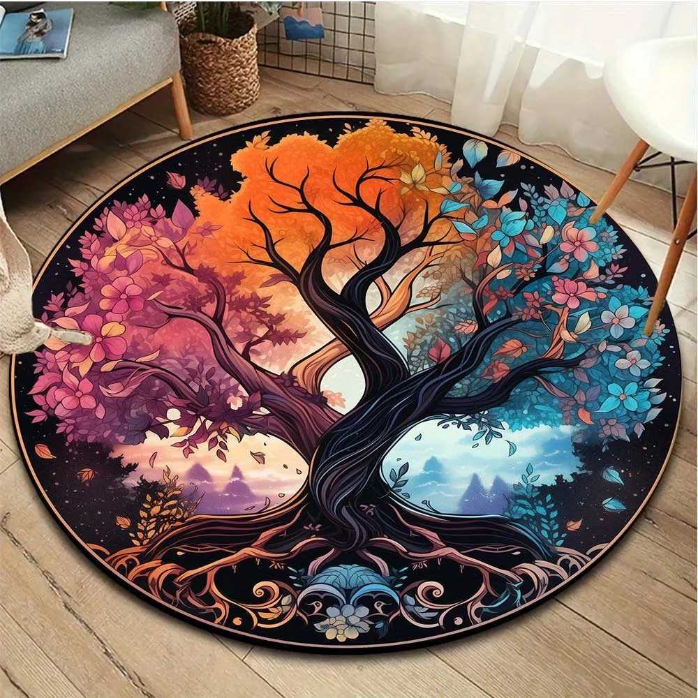 Velvet Crystal Velvet 3D Colorful Tree of Life Pattern Round Mat Lightweight Washable Carpet Suitable for Living Room Bedroom C250913