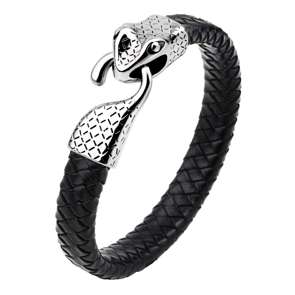 Classic Personalized Leather Stainless Steel Snake Head Handmade Woven Fashion Street Bracelet ddmymoon