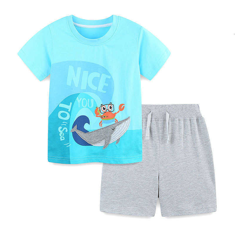 Children's Summer New Cartoon Shark Boys' Knitted Cotton Outfit 2-Piece Set