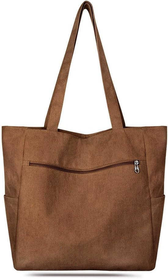 Corduroy Tote Bag for Women with Zipper Large Shoulder Bag Handbag for Work School Shopping Travel Gym VacationW250912