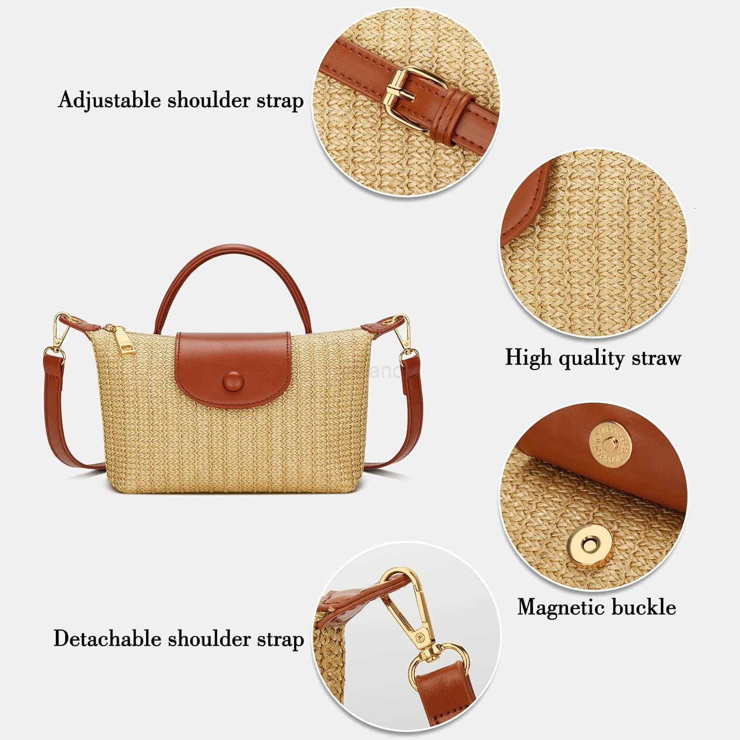 Top Handle Small Straw Woven Crossbody Bag for Women Summer Mini Straw Beach Clutch Shoulder Purse brownW250913