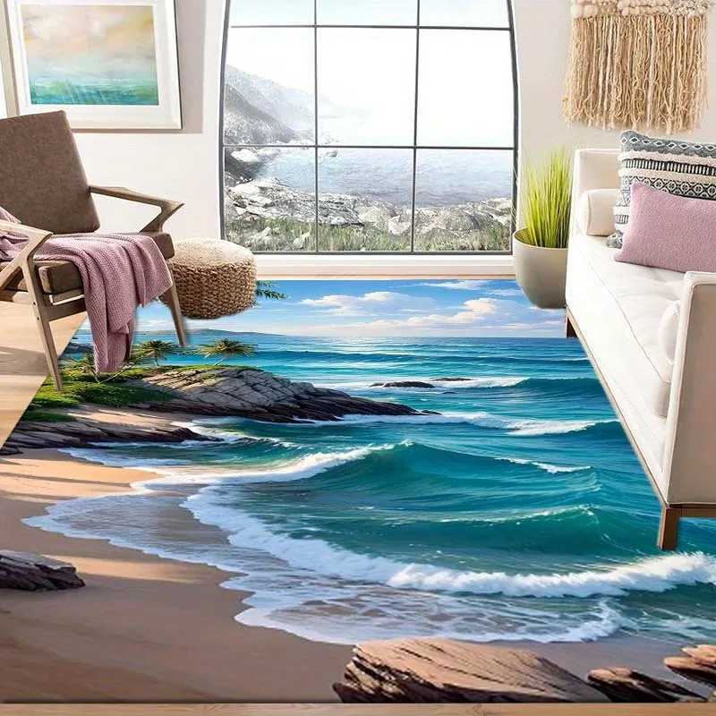 1pc Beach Rug 1pc NonSlip Beach Print Rug 800gsq Crystal Velvet Washable Polyester Coastal Landscape Design for Living R C250913