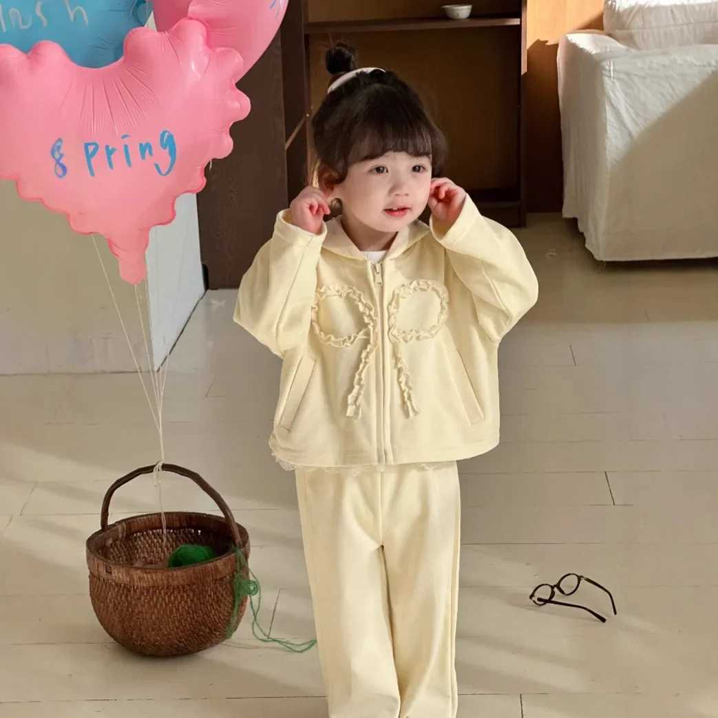Girls Sweatshirt Set Spring New 2025 Bow Korean Fashion Cute Solid Color Coat Pants Two Piece Set Girls Clothes C250913
