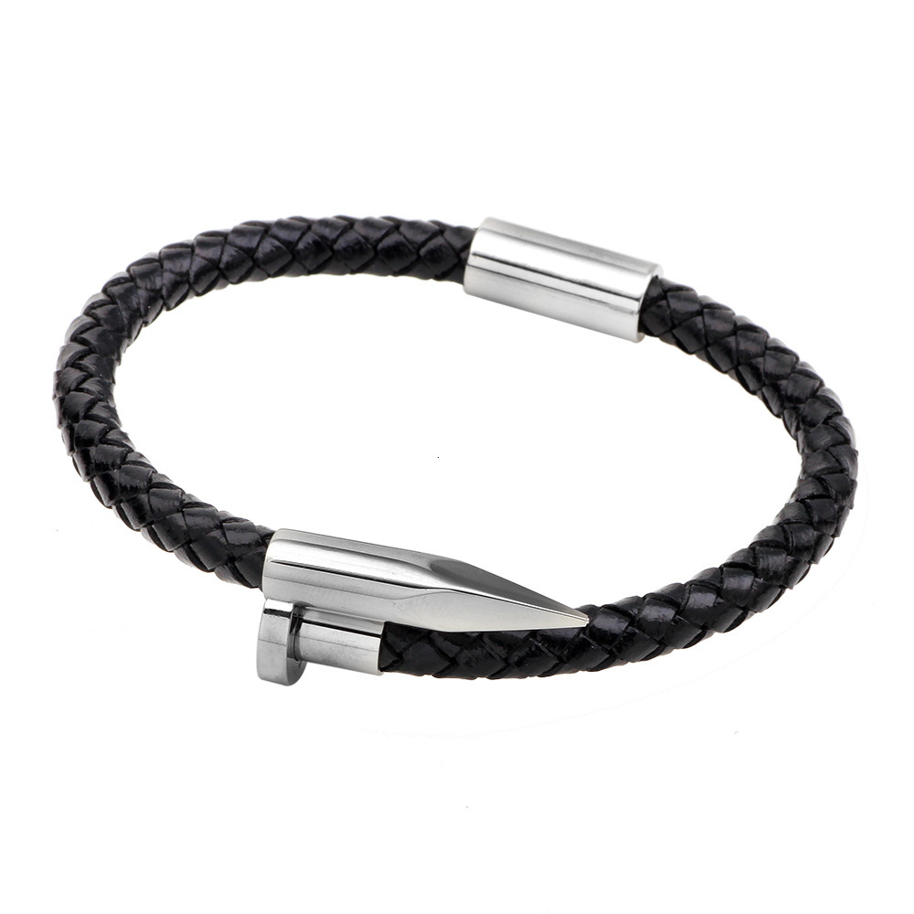 Premium Nail Bracelet Woven Cowhide Stainless Bangle Simple Punk Style Titanium Steel Men's Jewelry ddmymoon