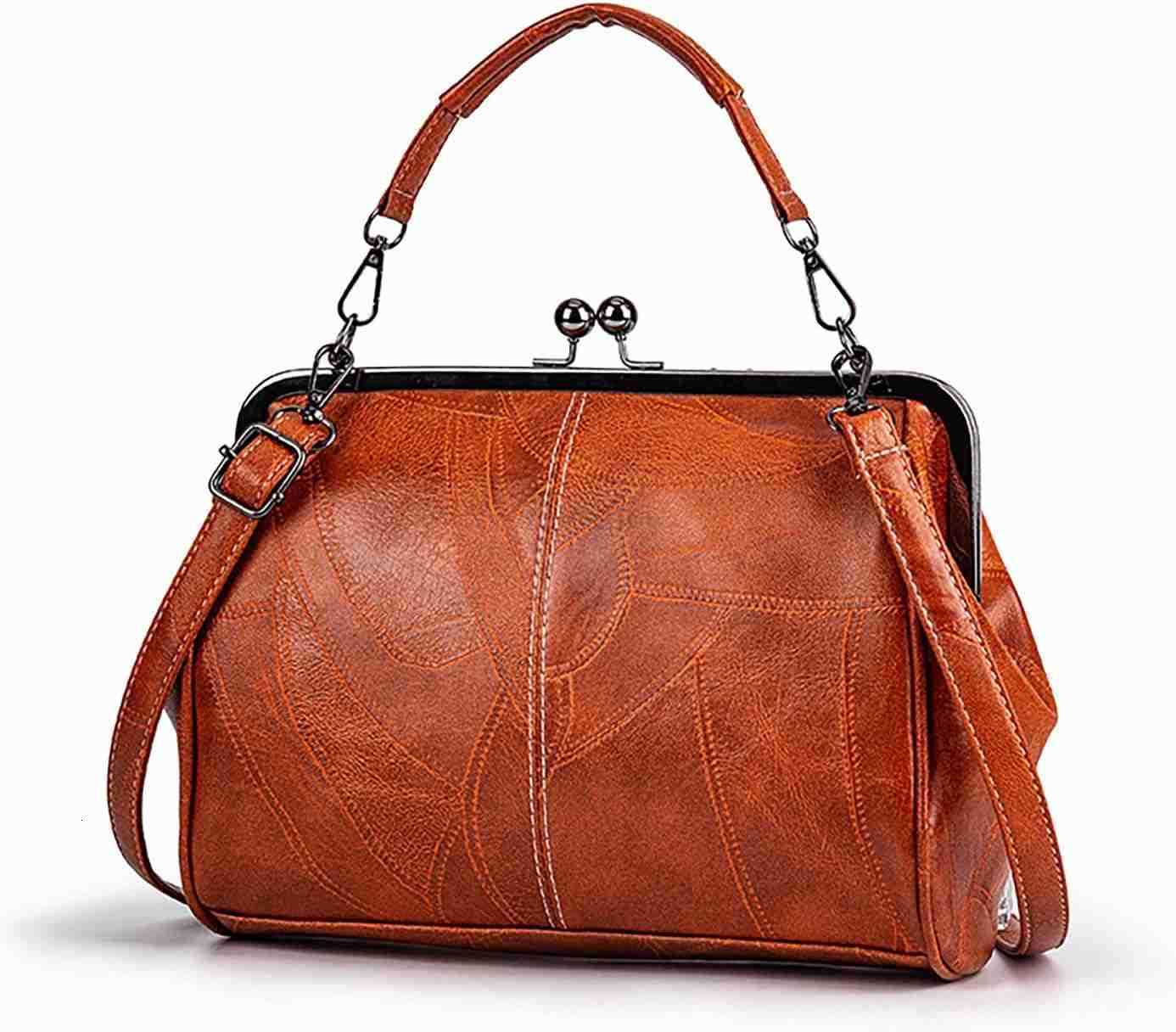 Women Vintage Hollow Handbag Oil Leather Shoulder Crossbody Bag Clutch Satchel Purse with Kiss Lock ClosureW250913