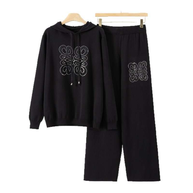 Hot Rhinestone Casual Fashion Knitted Women, Loose Hooded Sweater Wide-Leg Pants Two-Piece Set For Autumn And Winter