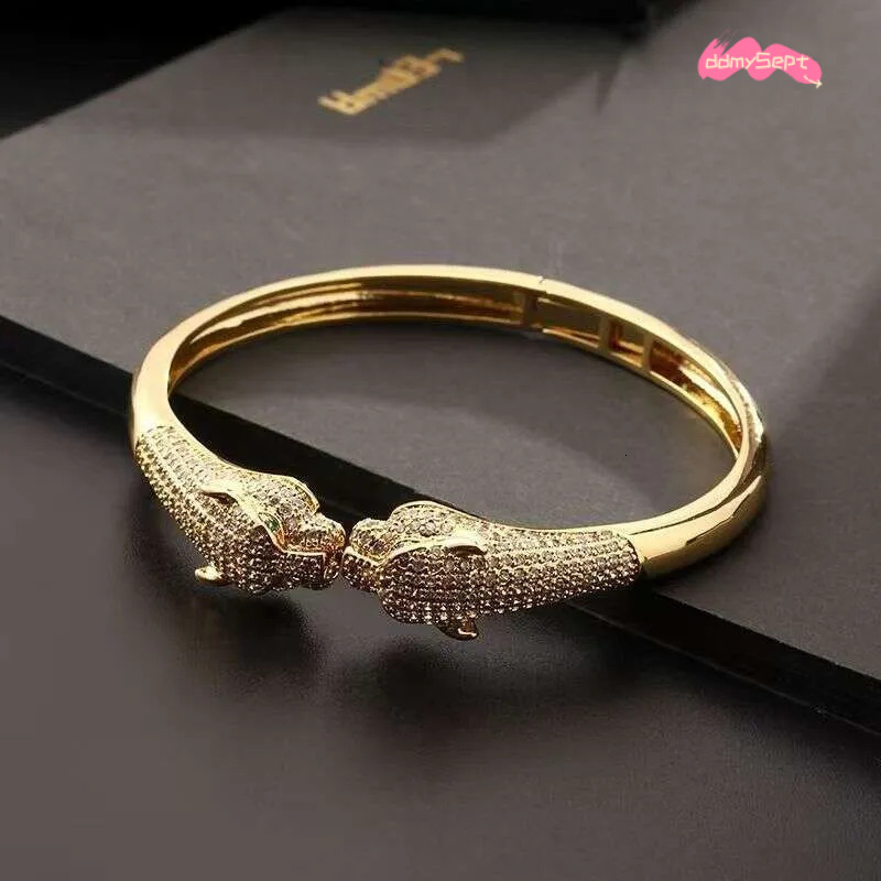 Leopard Print Open Cuff Bracelet - Gold Plated Hip Hop Bangle with Zircon Stones | Animal Jewelry for Women & Men ddmythur