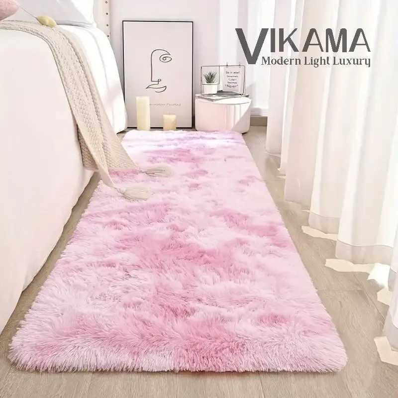 VIKAMA Pink cute girls bedroom headboard decorated with plush carpet Fluffy soft cloakroom bedside play area nonslip mat C250913