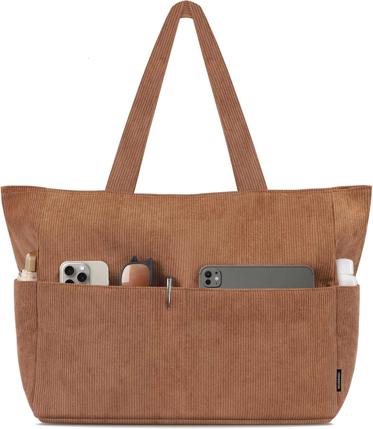 Large Corduroy Tote Bag for Women Everyday Shoulder Bag with Pockets and Zipper for Work Travel VacationW250913