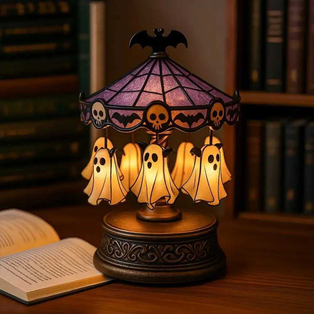 Bedroom Lamp Spooky Halloween Ghost Carousel Night Light Usb Rechargeable Bedside Lamp for Party Decoration Reading Hauntingly C250913